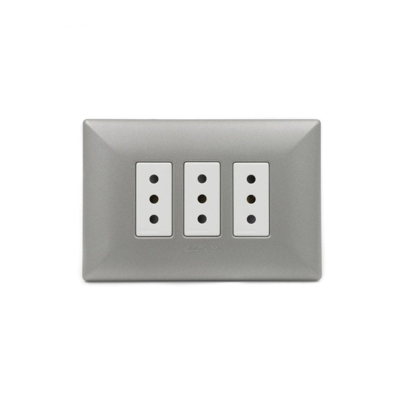 Placa tomacorriente 10A triple armado SINTHESI S17 ABS NICKEL-BLANCO