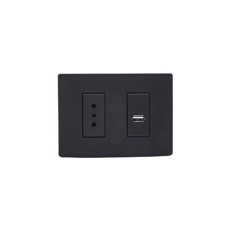 Placa tomacorriente 10A+ cargador USB armado SINTHESI S33 NOIR MATE