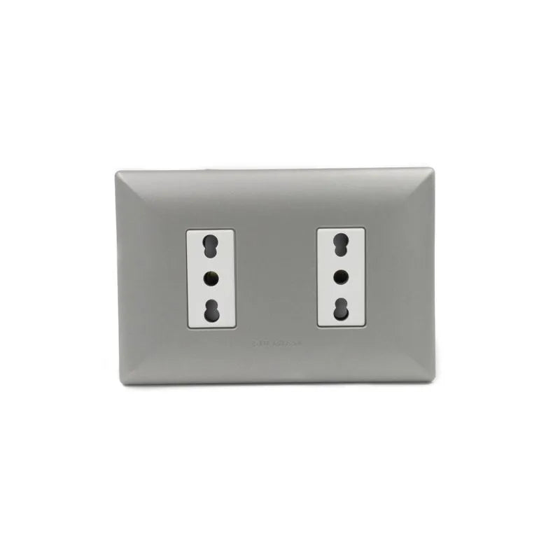 Placa tomacorriente duplex 10A 250V 2P+T armado SINTHESI S17 ABS NICKEL-BLANCO