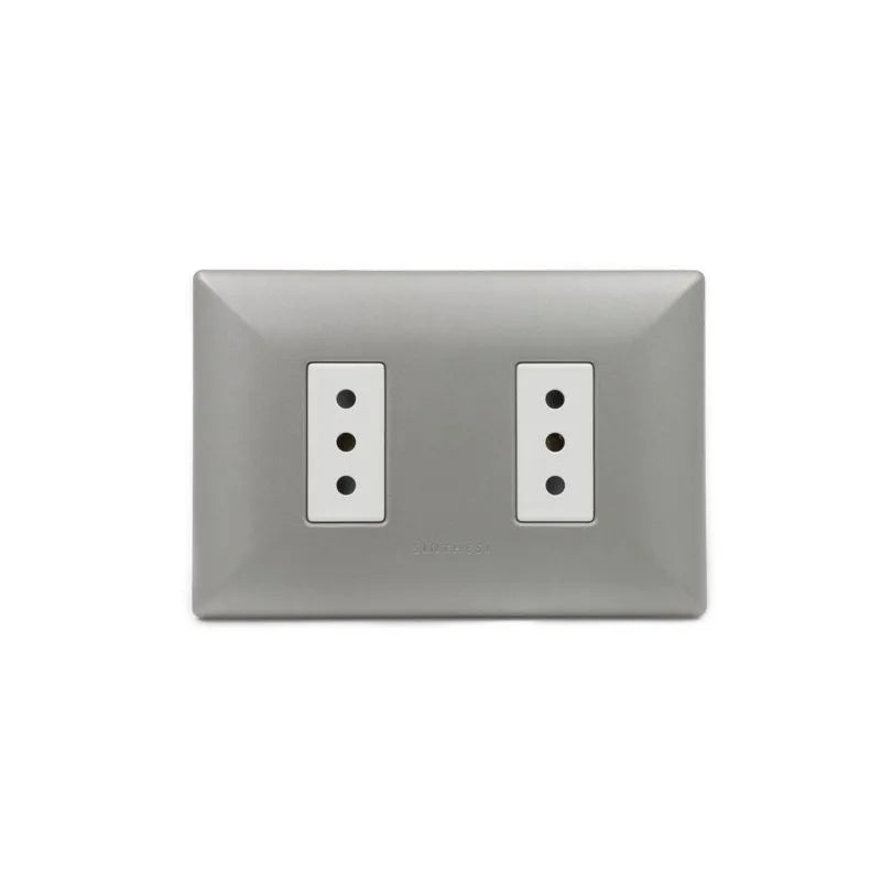 Placa tomacorriente duplex 10/16A 250V 2P+T armado SINTHESI S17 ABS NICKEL-BLANCO